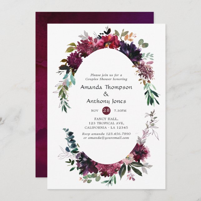 Invitación Ducha de parejas floral violeta bordo (Anverso / Reverso)