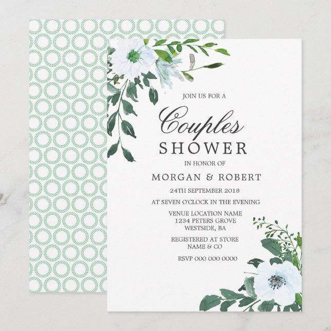 Invitación Ducha de Parejas Florales Blancas de Hoja Verde Mo (Anverso / Reverso)