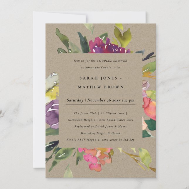 INVITACIÓN DUCHA DE PAREJAS FLORALES BURGUNDY DE RUBOR AMARIL (Anverso)