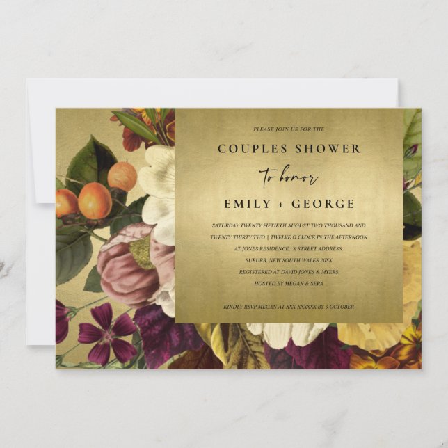 INVITACIÓN DUCHA DE PAREJAS FLORALES DE BURGUNDA DE ORO FAUX (Anverso)