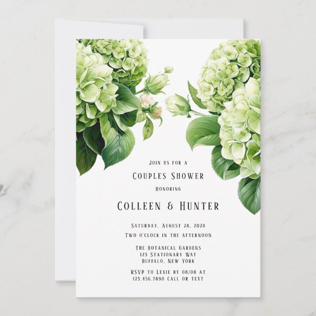 Invitación Ducha de Parejas Florales de Hydrangea Verde (Anverso)