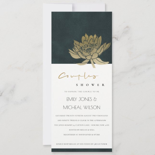 INVITACIÓN DUCHA DE PAREJAS FLORALES DE LOTUS VERDE ORO EMERR (Anverso)