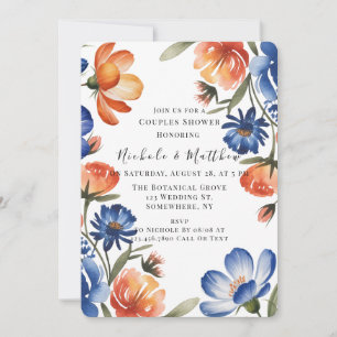 Invitación Ducha de parejas florales de naranja y azul cobalt