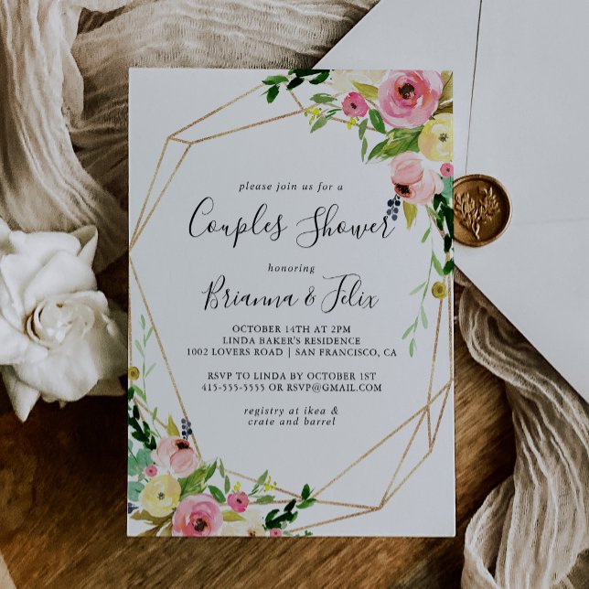 Invitación Ducha de Parejas Florales de Oro Geométrico Tropic (Subido por el creador)
