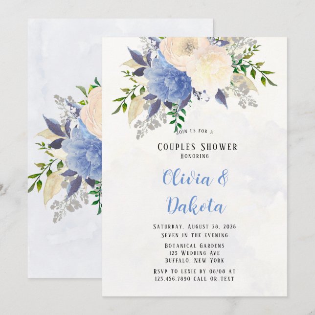 Invitación Ducha de Parejas Florales de Peonia Azul Rústico A (Anverso / Reverso)