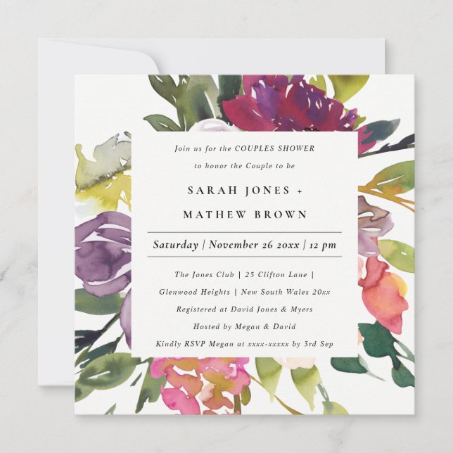INVITACIÓN DUCHA DE PAREJAS FLORALES DE RUBOR AMARILLO BRILLA (Anverso)