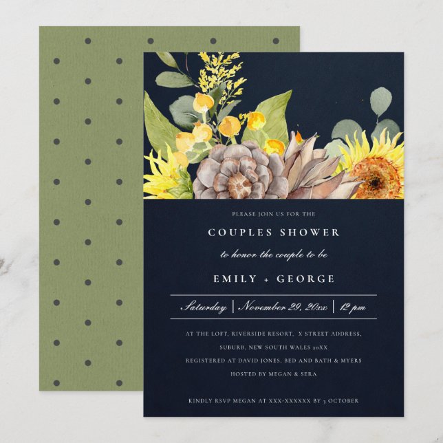 INVITACIÓN DUCHA DE PAREJAS FLORALES EUCALÍPTUS NAVY SUNFLOWE (Anverso / Reverso)