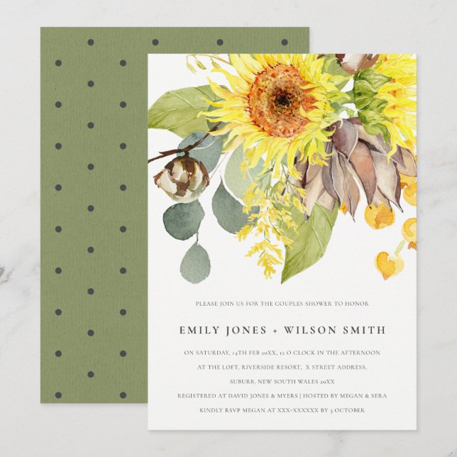 INVITACIÓN DUCHA DE PAREJAS FLORALES EUCALÍPTUS RÚSTICAMENTE  (Anverso / Reverso)