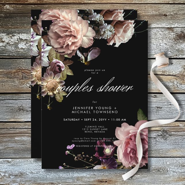 Invitación Ducha De Parejas Florales Oscuras Moody Pastel Opu (Dark Moody Pastel Opulent Floral Couples Shower Invitation)
