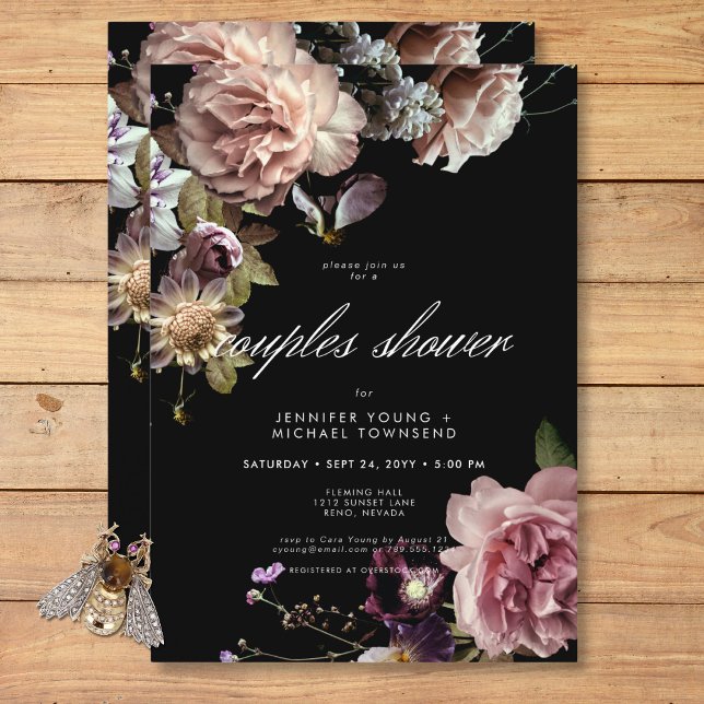 Invitación Ducha De Parejas Florales Oscuras Moody Pastel Opu (Dark Moody Pastel Opulent Floral Couples Shower Invitation)