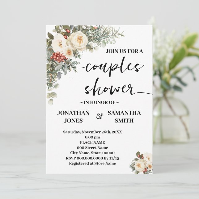 Invitación Ducha de parejas Flores blancas de invierno (Anverso de pie)