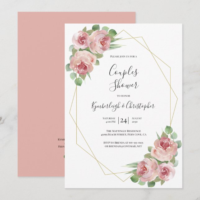 Invitación Ducha De Parejas Geométricas Florales De Boho Rosa (Anverso / Reverso)