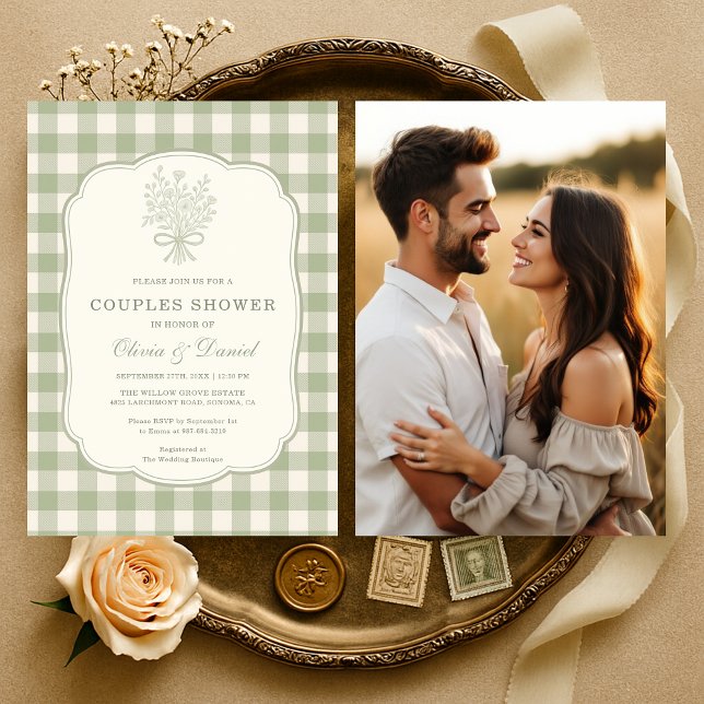 Invitación Ducha de parejas Gingham floral lazo foto (Subido por el creador)