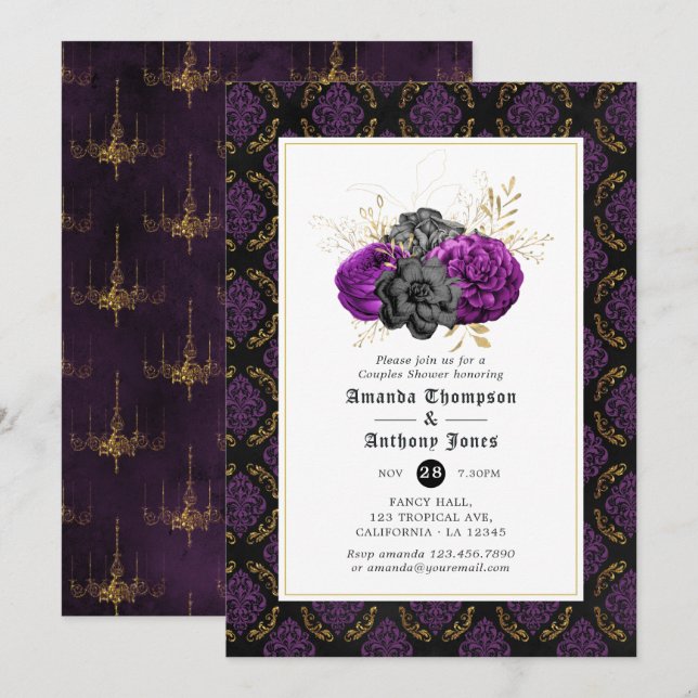 Invitación Ducha de parejas gótica floral (Anverso / Reverso)