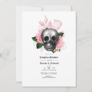 Invitación Ducha de parejas góticas con cráneo floral rosa