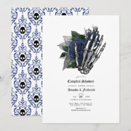 Invitación Ducha de parejas góticas de cráneo floral azul mar