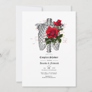 Invitación Ducha de parejas góticas de cráneo floral rojo y n