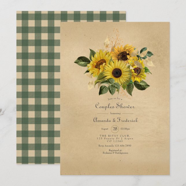 Invitación Ducha de parejas granero rústico girasol (Anverso / Reverso)