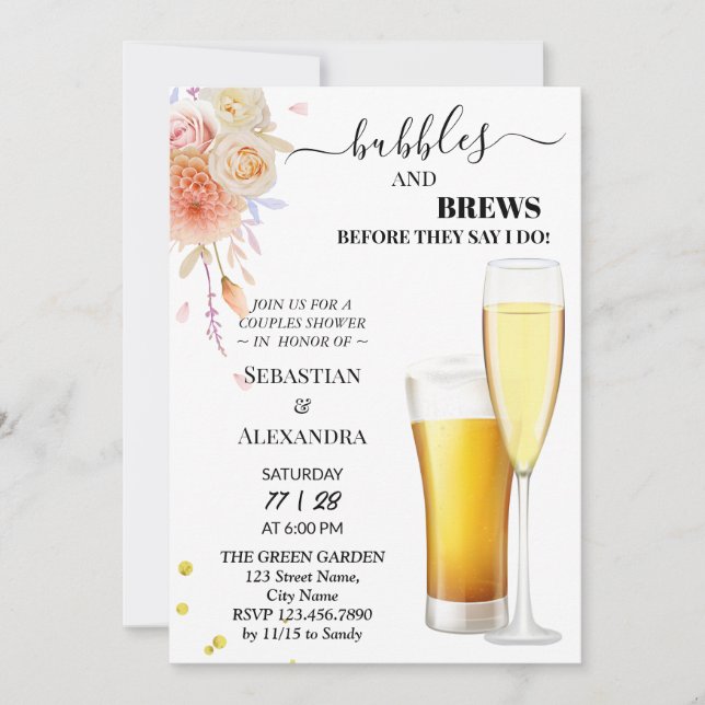 Invitación Ducha de parejas Greenery Burbujas y Cervezas (Anverso)