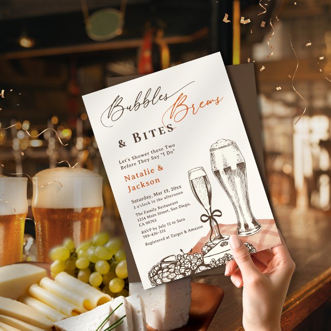 Invitación Ducha de Parejas Hand Sketch Burbujas Cervezas y B (Hand Sketch Bubbles Brews & Bites Couples Shower Invitation)