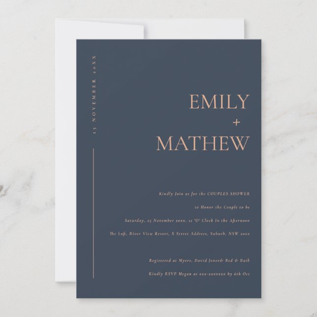 INVITACIÓN DUCHA DE PAREJAS MÍNIMAS MODERNAS DE NAVY RUST TYP (Anverso)
