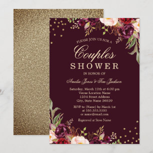 Invitación Ducha de parejas oro borgoña floral brillo