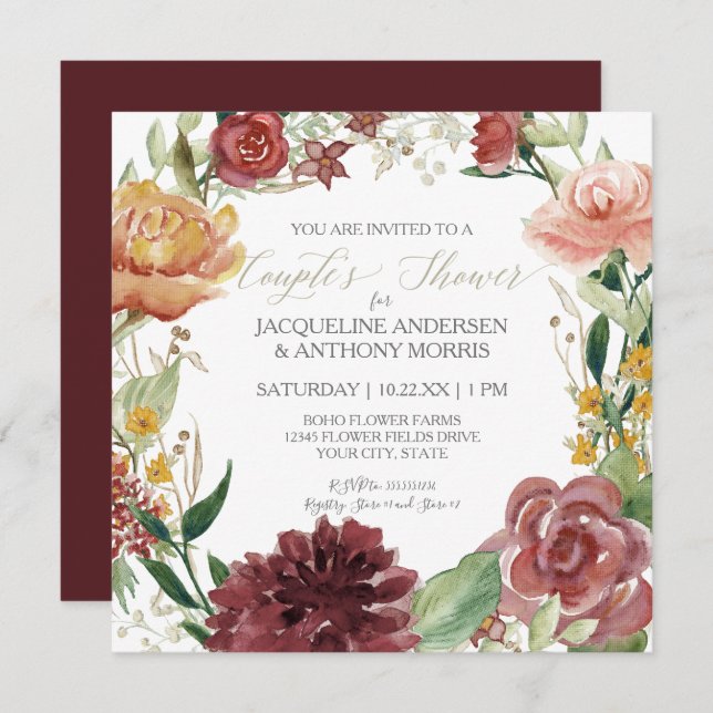 Invitación Ducha de parejas Otoño Floral Borgoña Rosas Rosada (Anverso / Reverso)