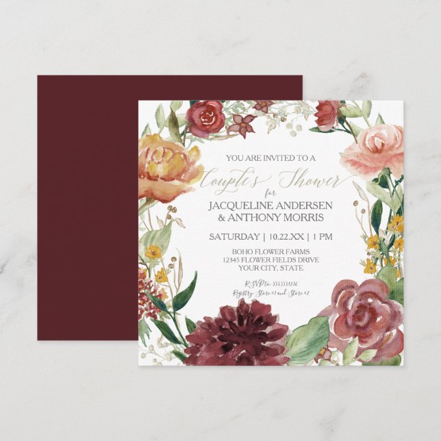Invitación Ducha de Parejas Otoño Floral Rosa Borgoña Rosas (Anverso / Reverso)