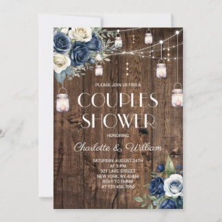 Invitación Ducha de parejas rústica con flores azul marino