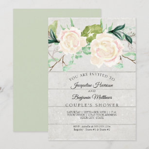 Invitación Ducha de Parejas Rustico Madera Acuarela Rosas Mar