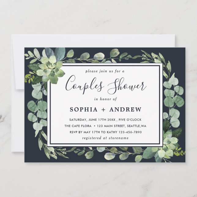 Invitación Ducha De Parejas Suculentas Azules De La Marina De (Anverso)