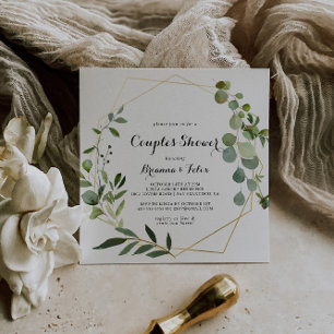 Invitación Ducha de Parejas Verdes Tropicales de Oro Geométri
