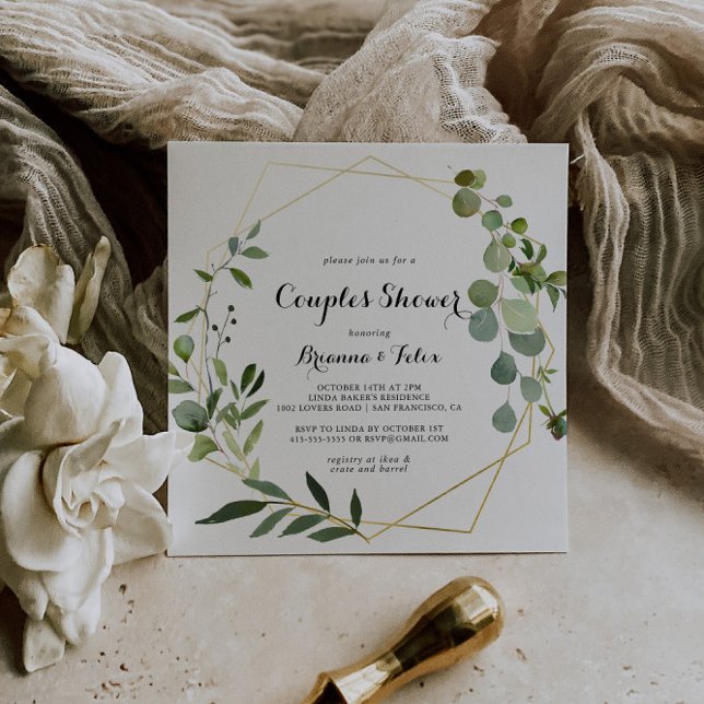 Invitación Ducha de Parejas Verdes Tropicales de Oro Geométri (Subido por el creador)