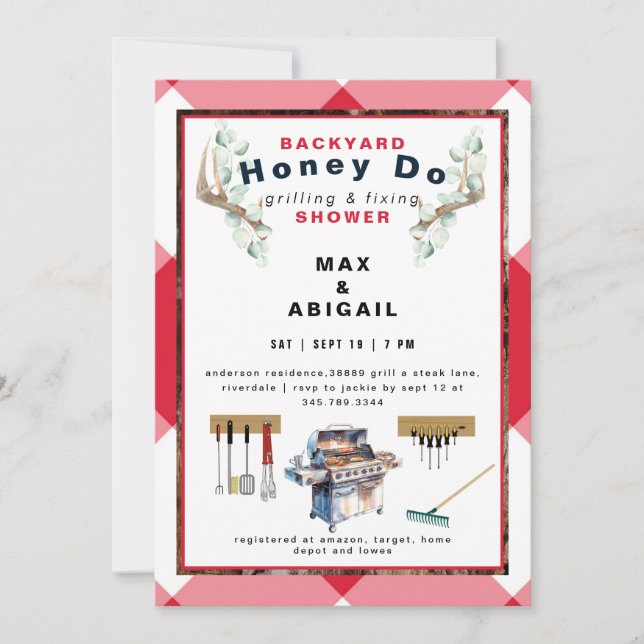 Invitación Ducha de Parrilladas Rojas de Grill & Fixing Ander (Anverso)