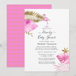 Invitación Ducha de paso de flamenco rosa y dorado