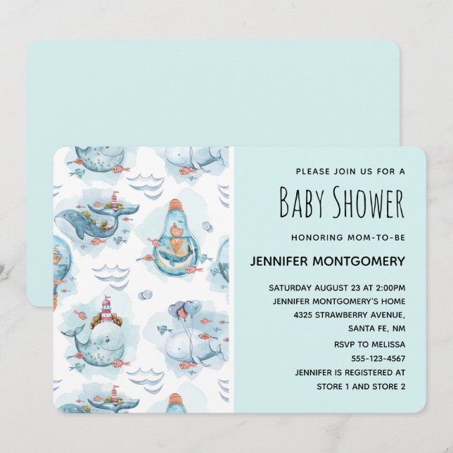 Invitación Ducha de patrón de acuarela de ballenas náuticas l (Anverso / Reverso)