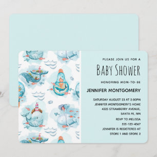 Invitación Ducha de patrón de acuarela de ballenas náuticas l