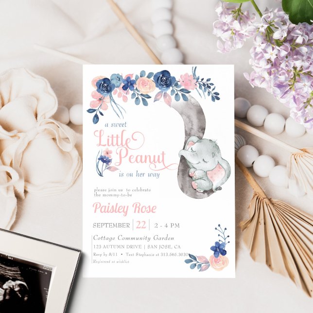 Invitación Ducha de pequeño elefante de cacahuete con flores  (Little Peanut Floral Baby Elephant Shower Invitation )