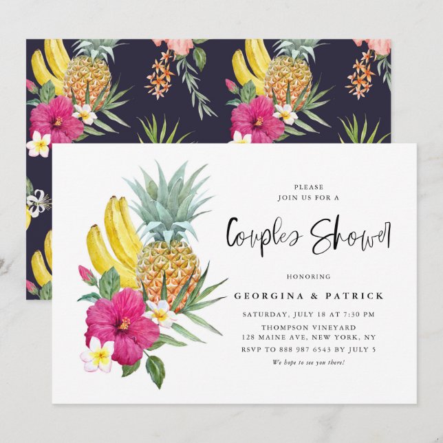 Invitación Ducha de piña tropical e hibiscus Couples (Anverso / Reverso)