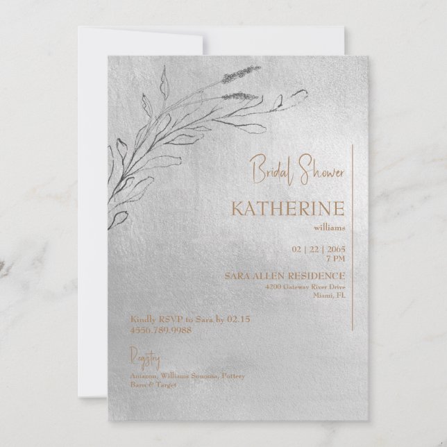 Invitación Ducha de plata metálica y oro para novias (Anverso)