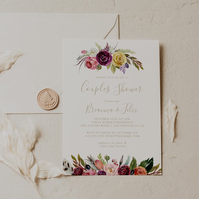 Invitación Ducha de plumas salvajes de oro Boho de las pareja (Subido por el creador)