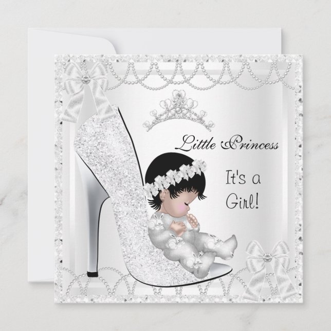 Invitación Ducha de princesa bebé niña zapato plateado blanco (Anverso)