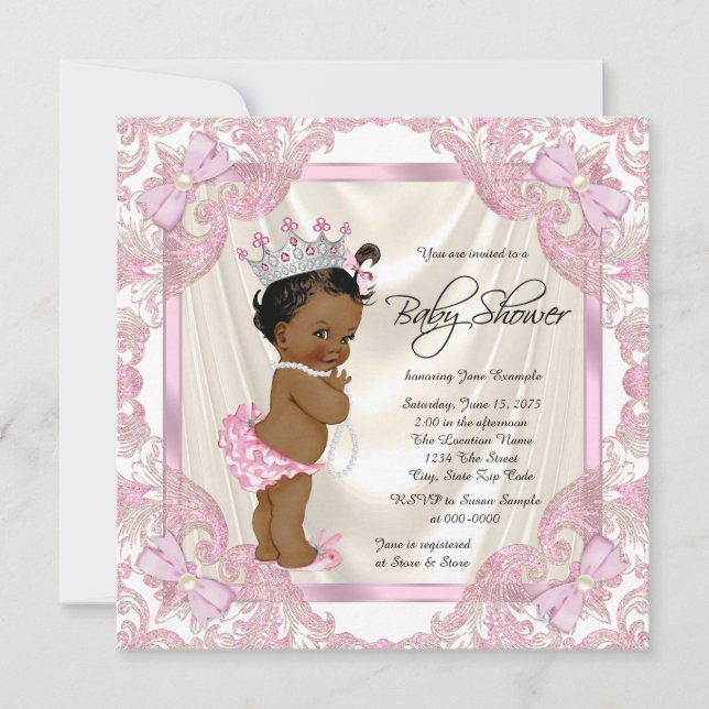 Invitación Ducha de Princesa Perla para Bebe Niña Étnica (Anverso)