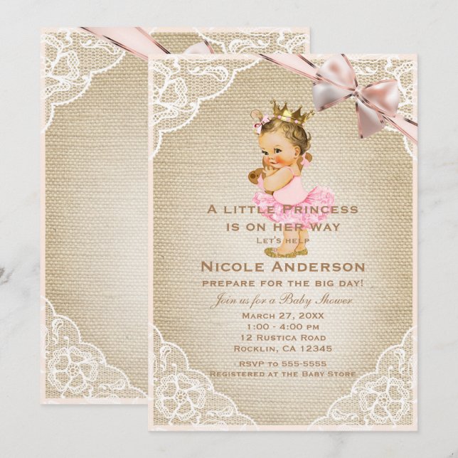 Invitación Ducha de Princesita Vintage Niña Rústica (Anverso / Reverso)