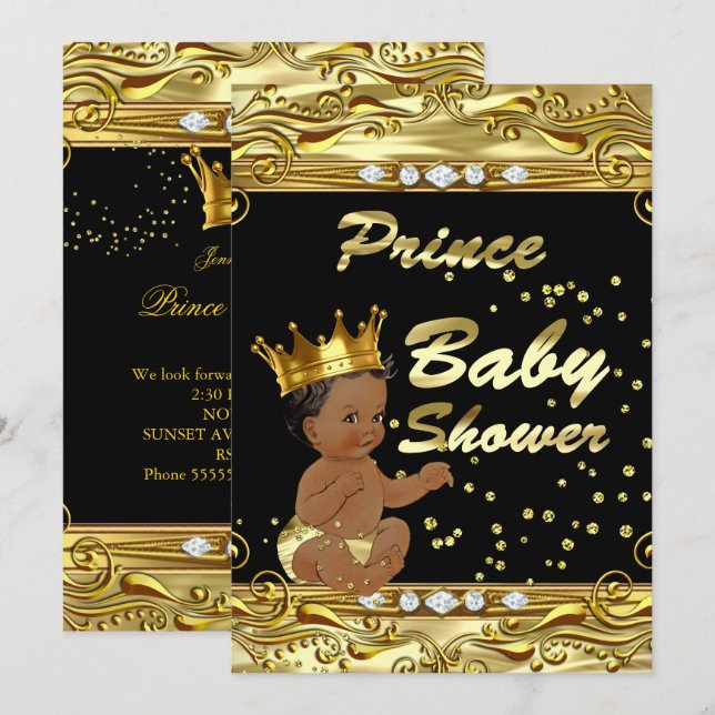 Invitación Ducha de Príncipe Bebe Negro Oro Sprinkle Étnico (Anverso / Reverso)