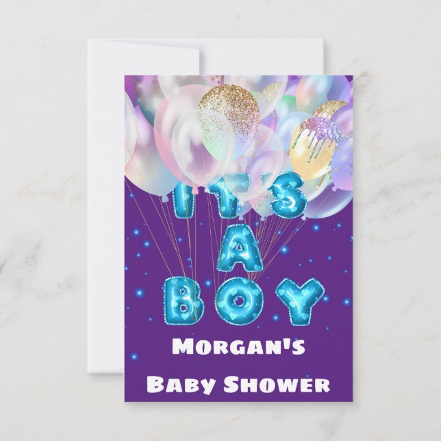 Invitación Ducha de recién nacido es un niño globo azul morad (Reverso)