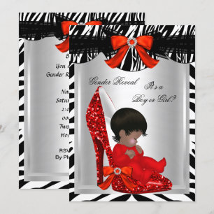 Invitación Ducha de Revelación de Género Zebra Zapato Rojo de