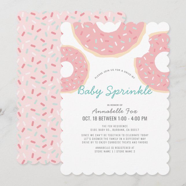 Invitación Ducha de rociador de bebé con donut rosado (Anverso / Reverso)