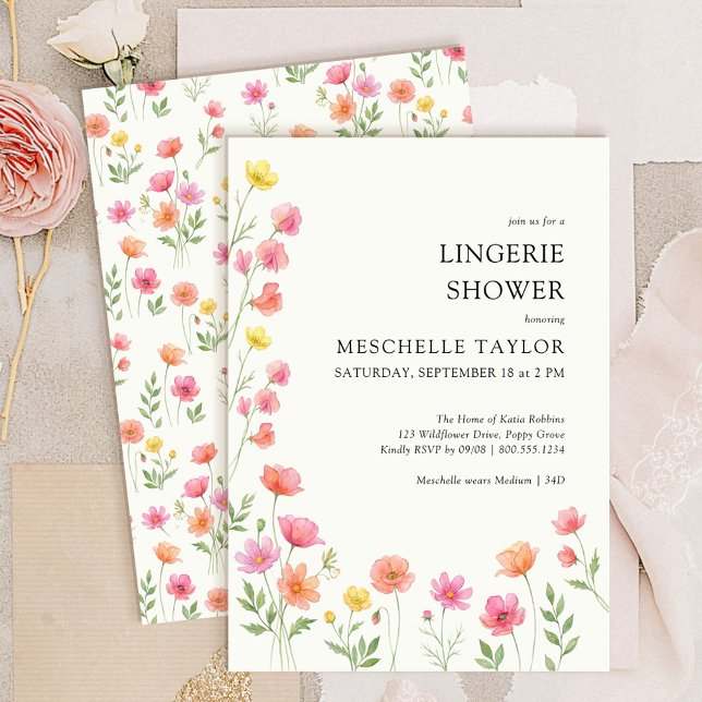 Invitación Ducha de Ropa Interior Nupcial Floral Rosa Naranja (Pink Orange Flowers Lingerie Shower Invitation from Wildflower Bloom collection by Darling & May)