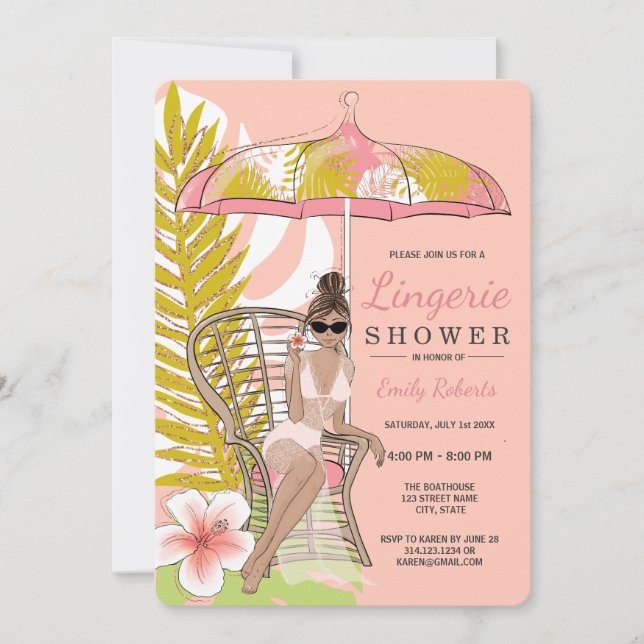 Invitación Ducha de Ropa Interior Tropical Novia Morena (Anverso)